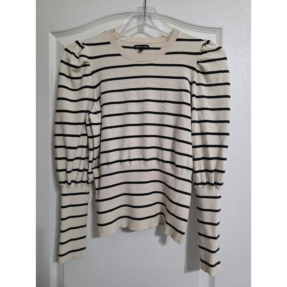 Who What Wear Womens Large Cream Black Striped Puff Sleeve Sweater Crew Neck L
